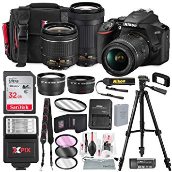 Nikon D3500 DSLR Camera with 18-55mm and 70-300mm Lenses   32GB Card, Tripod, Flash, and Bundle
