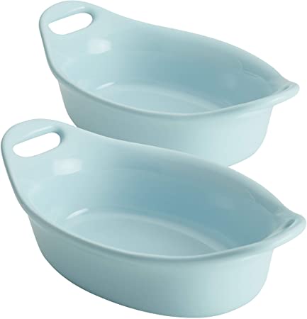 Rachael Ray Solid Glaze Ceramics Au Gratin Bakeware / Baker Set, Oval - 2 Piece, Light Blue