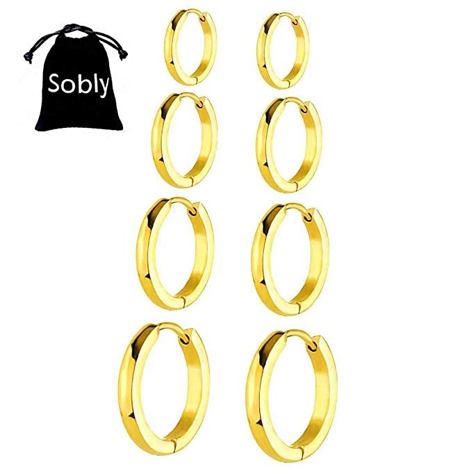 Sobly Unisex Small Stainless Steel Clip On Huggie Hinged Hoop Earrings Tiny Body Piercing 4 Pairs a Set,Hypoallergenic
