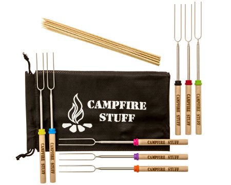 Campfire Stuff Marshmallow Roasting Sticks - Set of 8 Superstrong Extendable Telescoping Smores & Hot Dog Forks - Bonfire & Fire Pit Fun - FREE Canvas Bag, Bamboo Wooden Skewers & 2 in 1 E-Book