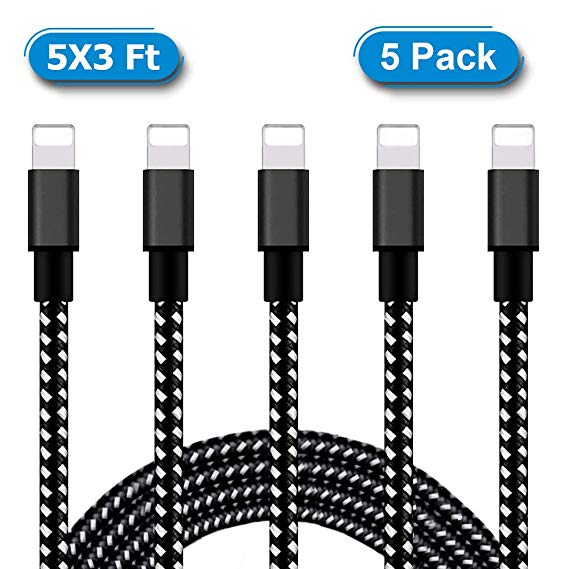 BBInfinite iPhone Charger,MFi Certified Charging Cable, 5Pack 3FT to Syncing Data and Nylon Braided Cord Charger Compatible with iPhone/Xs Max/XS/XR/X/8/8Plus/7/7Plus/6S/6Plus/Pad More(Black&White)