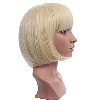 BESTUNG 10" Short Straight Flapper Bob Wigs Synthetic Heat Resistant Cosplay Party Costume Halloween Hair Wig(613#-Pre Bleach Blonde)