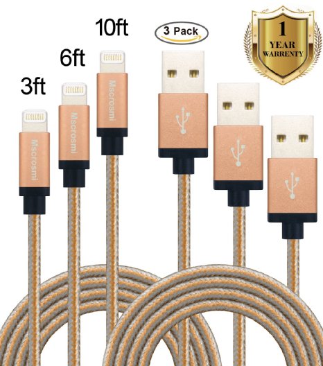 Mscrosmi 3Pack 3FT, 6FT, 10FT Apple lightning Nylon Braided Charging Cord USB For iPhone 5/5s/5c/5se,6/6s,6/6s Plus, iPod, iPad Mini, iPad, iPad Air [gray & brown]