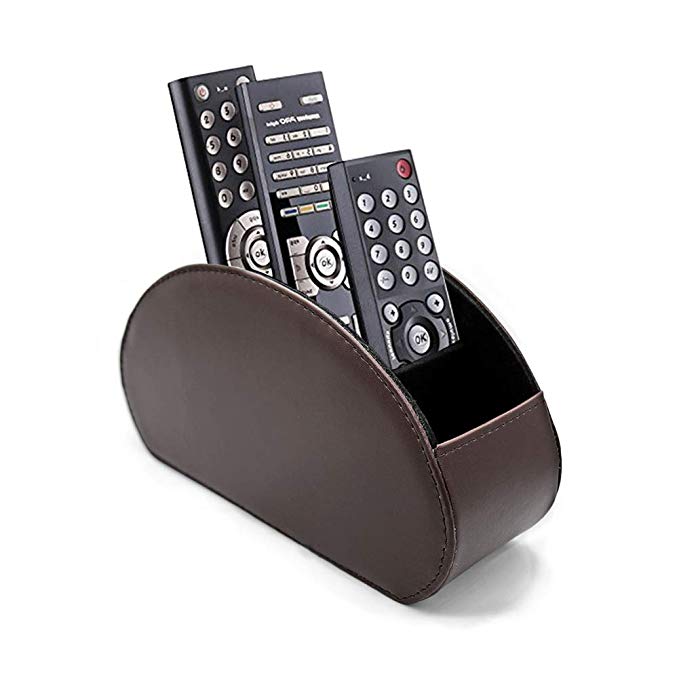 Fosinz Remote Control Holder Organizer Leather Control Storage TV Remote Control Organizer with 5 Spacious Compartments (Dark Brown)