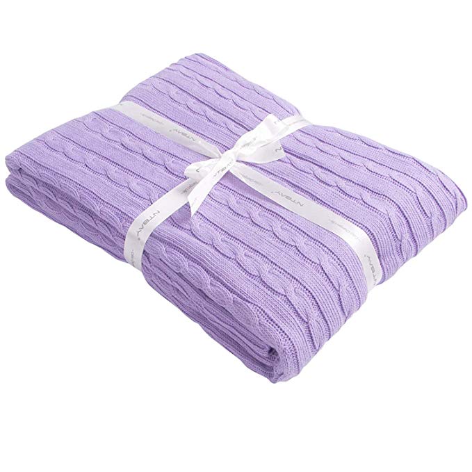 NTBAY 100% Cotton Cable Knit Throw Blanket Super Soft Warm Multi Color(51"x 67", Orchid)