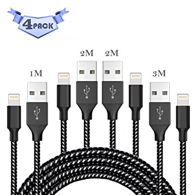 [4 Pack]Huluyers Power Lightning Protection Cable,3FT 6FT 6FT 10FT Nylon iPhone Charger Cable USB Charging Cable for iPhone8/8 Plus/7/7 Plus/6/6 Plus/6s/6s Plus/5/5s/5c/SE.(Black White)