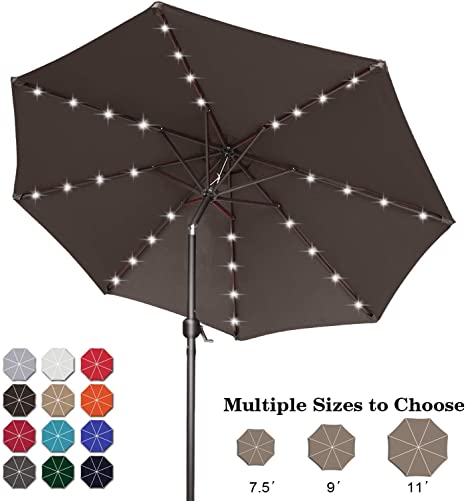 ABCCANOPY 11FT Patio Umbrella Ourdoor Solar Umbrella LED Umbrellas with 32LED Lights, Tilt and Crank Table Umbrellas for Garden, Deck, Backyard and Pool,12 Colors, (Brown)