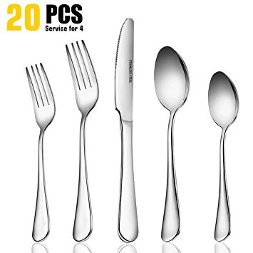 20 Piece Fine Flatware Set, Stainless Steel Mirror Polished Cutlery Sets with Dinner Knives, Forks and Spoons for Dessert & Dinner, Umite Chef Modern Eating Utensils Silverware Tableware Service for 4