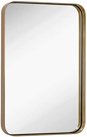 Hamilton Hills Contemporary Brushed Metal Wall Mirror | Glass Panel Gold Framed Rounded Corner Deep Set Design | Mirrored Rectangle Hangs Horizontal or Vertical (16" x 24")