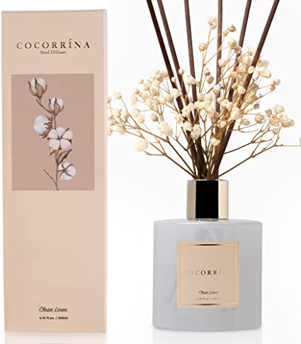 Cocorrína Reed Diffuser Set, 6.7 oz Clean Linen Scented Diffuser with Sticks Home Fragrance Essential Oil Reed Diffuser for Bathroom Shelf Decor, Living Room, Large Room