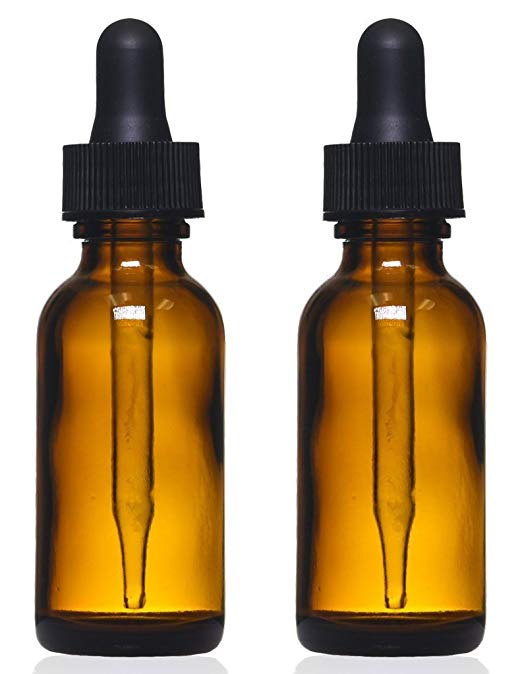 Amber Glass Bottles with Eye Droppers (2 oz, 2 pk) For Essential Oils, Colognes & Perfumes, Highest Quality, Blank Labels Included
