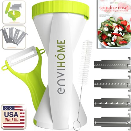 All New 4-in-1 enviHome Vegetable Spiralizer Super Zoodle Maker with Bonus Recipe E-Book - the Best 4 Blade Spiral Veggie Slicer - Zucchini Noodle Pasta Cutter with Redesigned Cap and Ceramic Peeler