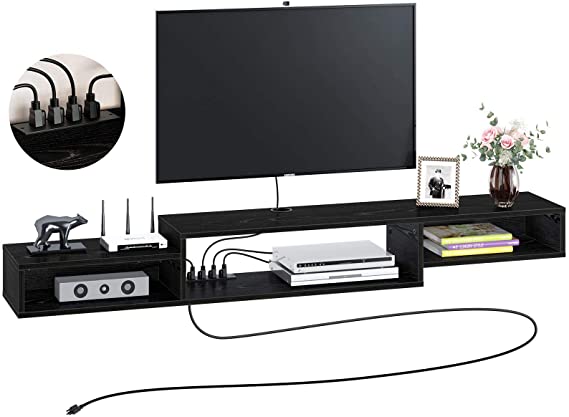 Rolanstar Wall Mounted Media Console with Power Outlet 70", Rustic Floating TV Stand Component Shelf, Entertainment Storage Shelf for Living Room, Black