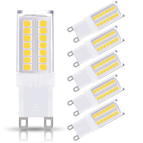 JandCase Bi-pin base G9 LED Light Bulbs, 5W (40W Halogen Equivalent), 400LM, Bright Daylight White (6000K), G9 Base, G9 Daylight White Bulbs for Home Lighting (Pack of 5)