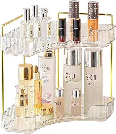 MOACC 2-Tier Corner Bathroom Counter Organizer, Countertop Perfume Tray and Vanity Organizer, Makeup Cosmetic Storage, Corner Storage Organizers for Bathroom, Kitchen, Dresser, Clear