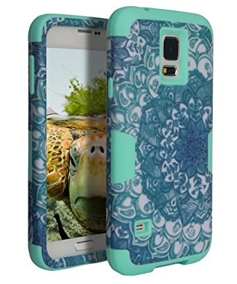Galaxy S5 Case,SKYLMW [ Shock Resistant Series ] Hybrid Rubber Case Cover for Samsung Galaxy S5 3in1 Hard Plastic  Soft Silicone Mandala Mint