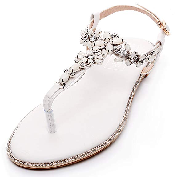 LUXVEER Beach Wedding Shoes, Women Bead Crystals Beach Flat Bride Wedding Dress Sandals for Party