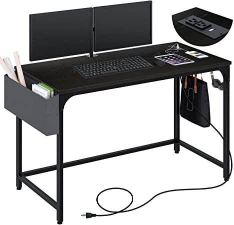 Rolanstar Computer Desk with Power Outlet, Home Office Writing Desk 47", Study Table with Side Storage Bag and Iron Hooks, Workstation, Modern Simple Style, Stable Metal Frame CPT002-BK120-RR