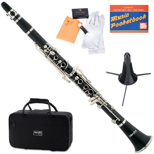 Mendini MCT-ESDPB Black Ebonite B Flat Clarinet with Case Stand Pocketbook Mouthpiece 10 Reeds and More
