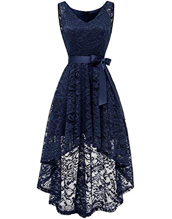 BeryLove Women's Floral Lace Hi-Lo Bridesmaid Dress V Neck Cocktail Formal Swing Dress