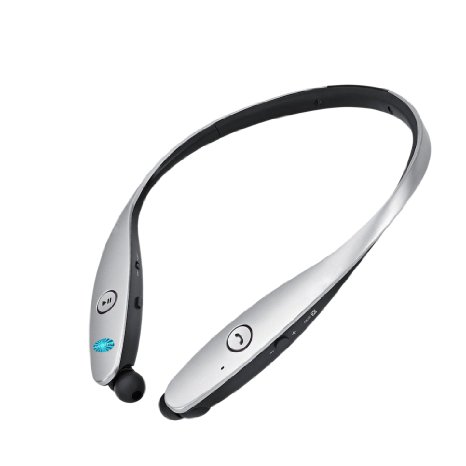 Premium Hi-Fi Stereo Headset Wireless Top-grade Bluetooth Sport Neckband-Style Headphones w/ Retractable Earbuds, LED Light, Built-in Mic (Slvr)