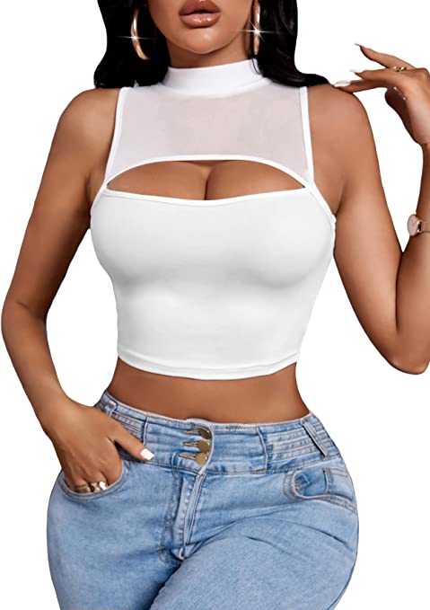 Milumia Women's Cut Out Sheer Mesh Mock Neck Crop Tops Sleeveless Fitted Tanks