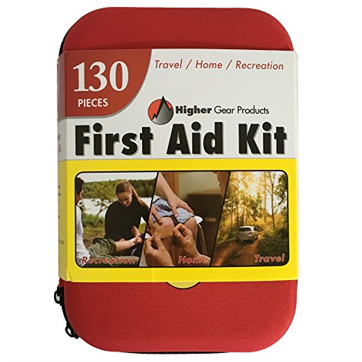 First Aid Kit – for Car, Auto, Home, Office, Boat, Backpack, Travel, Stroller, Camping, Hiking, Sports, any Emergency - 130 Pieces - Produced at an FDA Approved Facility by Higher Gear Products