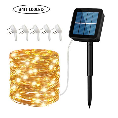 Cusomik Solar String Lights Outdoor,34ft 100 LED Copper Wire Lights,8 Modes Starry Lights, IP65 Waterproof Fairy Christmas Decorative Lights for patio,Garden,Gate,Yard,Wedding,Party 1 pack