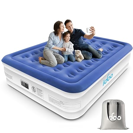 iDOO King Air Bed, Inflatable Mattress with Built-in Electric Pump, Double Queen Size 3 Mins Quick Self-Inflation/Deflation Blow Up Bed, Guest Air Mattress for Home Camping Travel 203x152x46cm, Blue