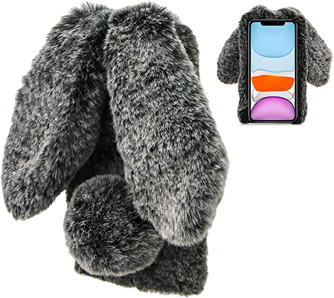 Rabbit Case for Google Pixel 5, LCHDA Cute 3D Bunny Ears Soft Furry Hairball Fuzzy Warm Winter Faux Fur Plush Fluffy Flexible TPU Bumper Women Girls Protective Skin Cover - Black