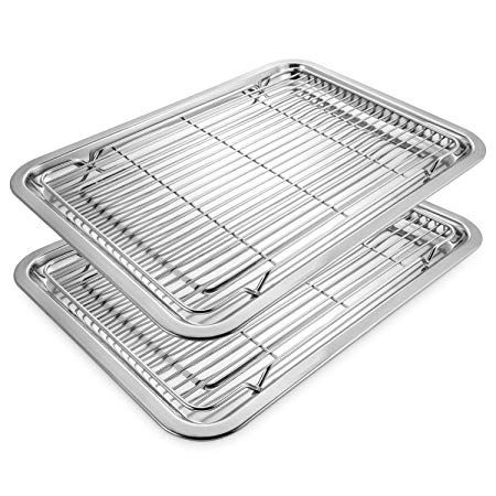 Stainless Steel Baking Set with 2 Baking Sheet and 2 Cooling Racks, No-stick Half Sheet Pan Roast Trays for Cookies, Cakes, Breads