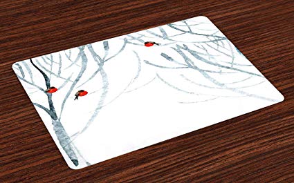 Ambesonne Modern Place Mats Set of 4, Trees Water Colored Image of Winter Woods with Bullfinches Print, Washable Fabric Placemats for Dining Table, Standard Size, Black White