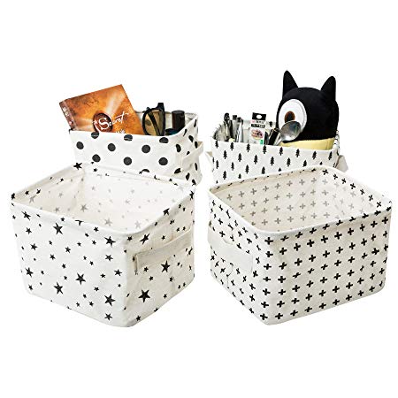 Zonyon Small Canvas Storage Bins, Mini Cute Foldable Fabric Baby Storage Basket,Star Nursery Container with Handle for Toys,Makeup,Keys,Shelves,Desk,Liitle Items,Black and White,4 Packs