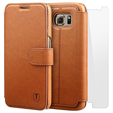 Galaxy S6 Case, TANNC Flip Leather Wallet Phone Case Credit Card Holder for Samsung S6 Device -light Brown