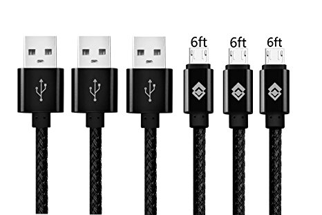 Micro USB Cables,3 pack 6FT/2M Nylon Braided Tangle-free Premium Durable High Speed Data Sync Charging Cord for Android Samsung HTC Motorola LG Sony Blackberry and More (3pcs black)