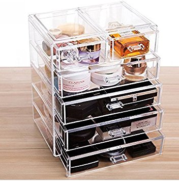 Cq acrylic Lrge 5 Tier Clear Acrylic Cosmetic Makeup Storage Cube Organizer with 6 Drawers. 4 Large Drawers Plus 2 Small Drawers,for Different Sizes of Storage-9.5"x7.1"x11.3"