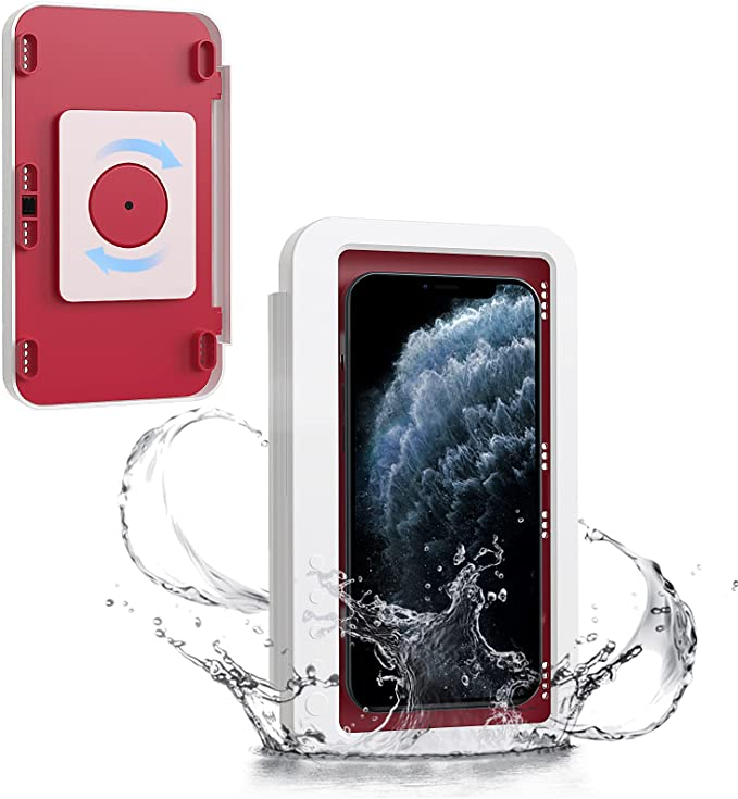 MoKo Shower Phone Holder Waterproof, 2021 Upgrade 180 Rotation Wall Mount Phone Holder for Bathroom Kitchen Bathtub with Anti-Fog Touchable Screen, Fit iPhone 13, Universal Smartphone up to 6.8"-White