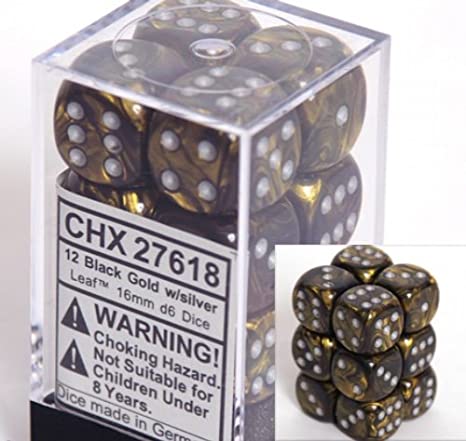 Chessex Dice d6 Sets: Leaf Black & Gold with Silver - 16mm Six Sided Die (12) Block of Dice CHX-27618