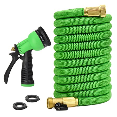 Glayko Tm 100 Feet Expandable Garden Hose - NEW 2017- Super Strong Construction- Strong Webbing -Solid Brass End   8 Function Spray Nozzle and Shut-off Valve, Green