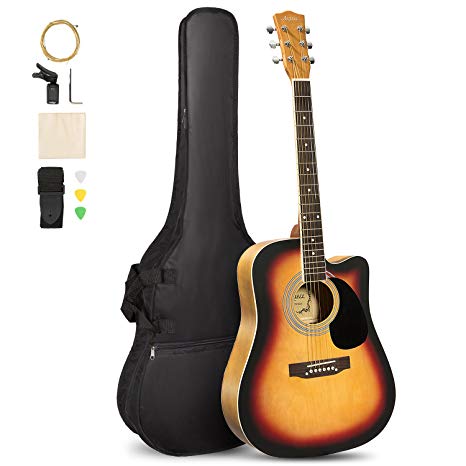 ARTALL 41 Inch Handcrafted Acoustic Cutaway Guitar Beginner Kit with Gig bag & Accessories, Matte Sunset