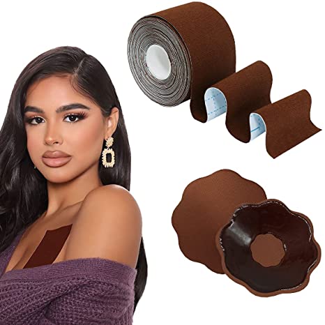Breast Lift Tape - Bras Tape and Nipple Covers for Women, 2'' Body Tape for Large Breasts, Push Up Tape   Breast Petals Set,Athletic Tape for A-DD Cup (Brown)