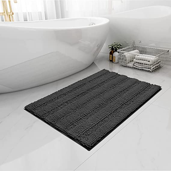 Easy-Going Luxury Chenille Striped Pattern Bath Mat, 18x25 in, Soft Plush Bath Rug, Absorbent Bathroom Rug, Non Slip Perfect Carpet Rugs for Shower, Bedroom, Front Door, Enterway (Dark Gray)