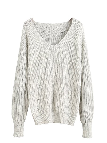 ROMWE Women's V-Neck Long Sleeve Basic Loose Knit Sweater Tops