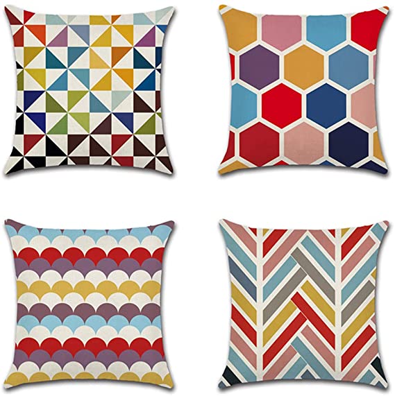 JOTOM Set of 4 Throw Pillow Covers Decorative Cotton Linen Outdoor Square Cushion Covers Home Decor for Sofa Car Bed Couch 18x18 Inch (Colorful Geometry)