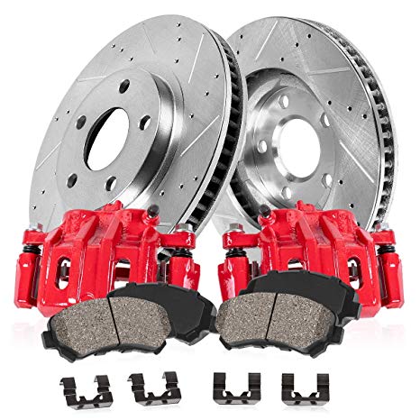 CCK02026 FRONT Powder Coated Red [2] Calipers   [2] Zinc Plated Drilled/Slotted Rotors   Low Dust [4] Ceramic Pads