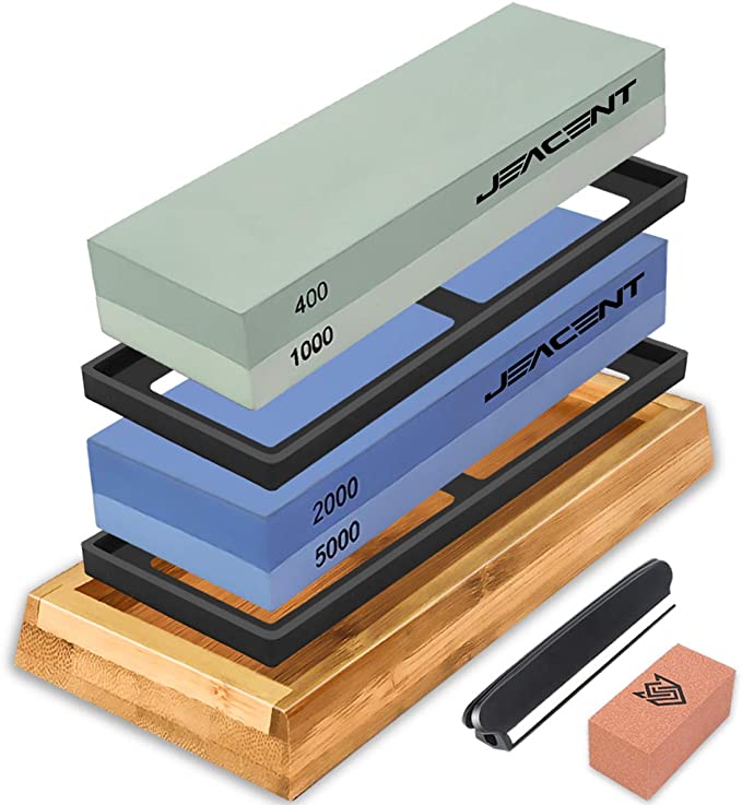 Jeacent Knife Sharpening Stone Set, 4 Side 400/1000 2000/5000 Grit Whetstone, Kitchen Blade Sharpener Stone with Non-Slip Bamboo Base, Correction Stone & Angle Guide