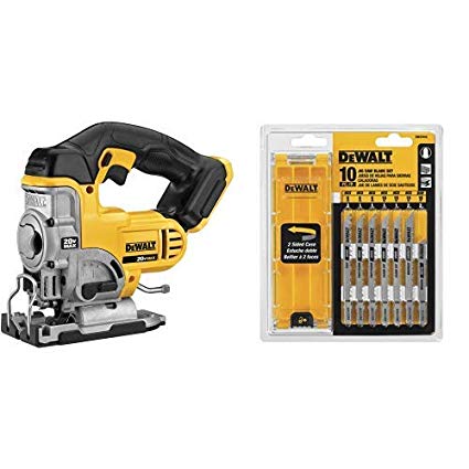 DEWALT DCS331B 20-Volt MAX Li-Ion Jig Saw  (Tool Only), Yellow with DEWALT DW3741C 10-Piece T-Shank Jig Saw Blade Set w/Case