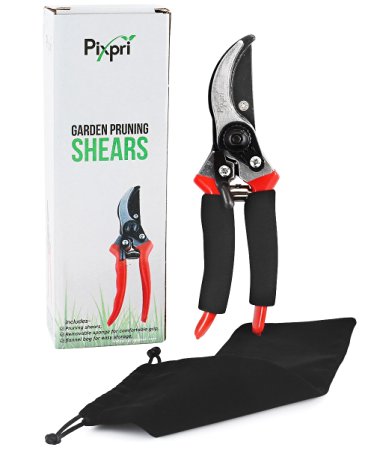 Pixpri Pruning Shears (Red) - Garden Bypass Pruners and Ergonomic Flower Cutter - Ideal Gardening Tool for Trees, Shrubs, Bushes, Weeds - Non-Slip, Foam Grip - Flannel Storage Bag