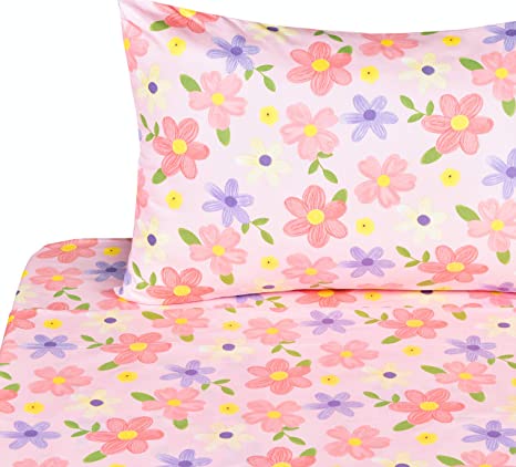 J-pinno Pink Flower Twin Sheet Set for Kids Girl Toddler,100% Cotton, Flat Sheet + Fitted Sheet + Pillowcase Bedding Set