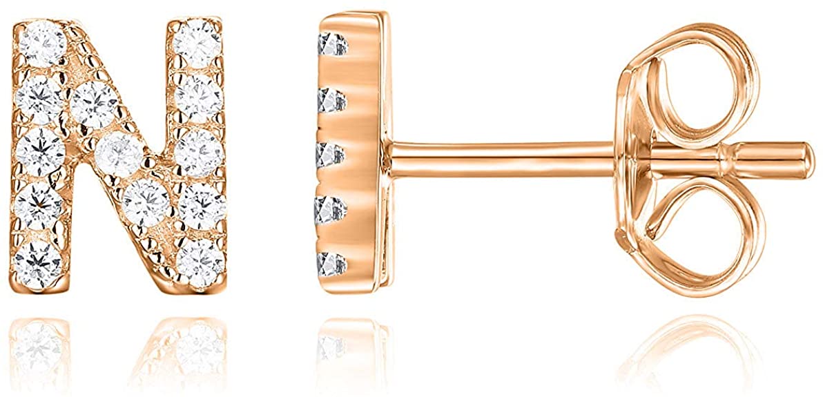 PAVOI 14K Rose Gold Plated Sterling Silver CZ Alphabet Letter Earrings | Initial Earrings for Girls